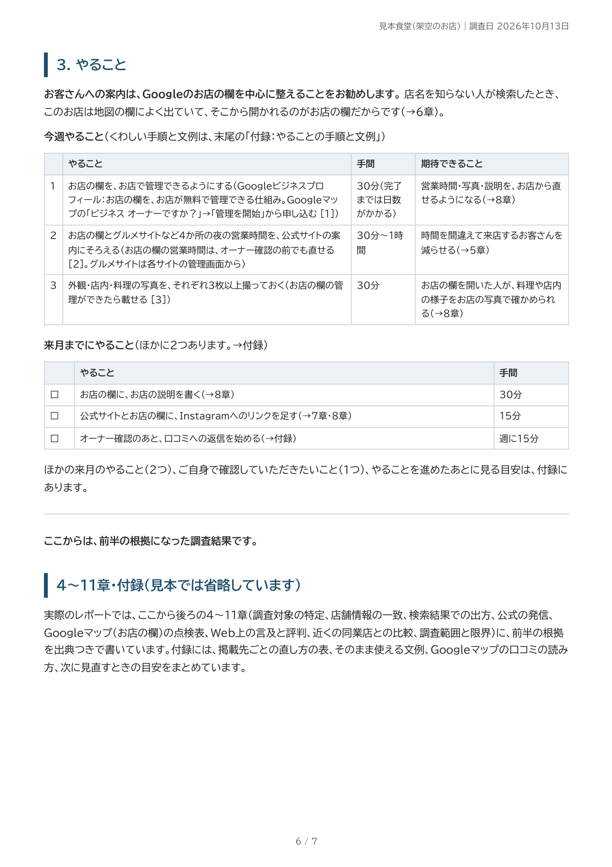 見本の3章。今週やること、来月やることの一覧